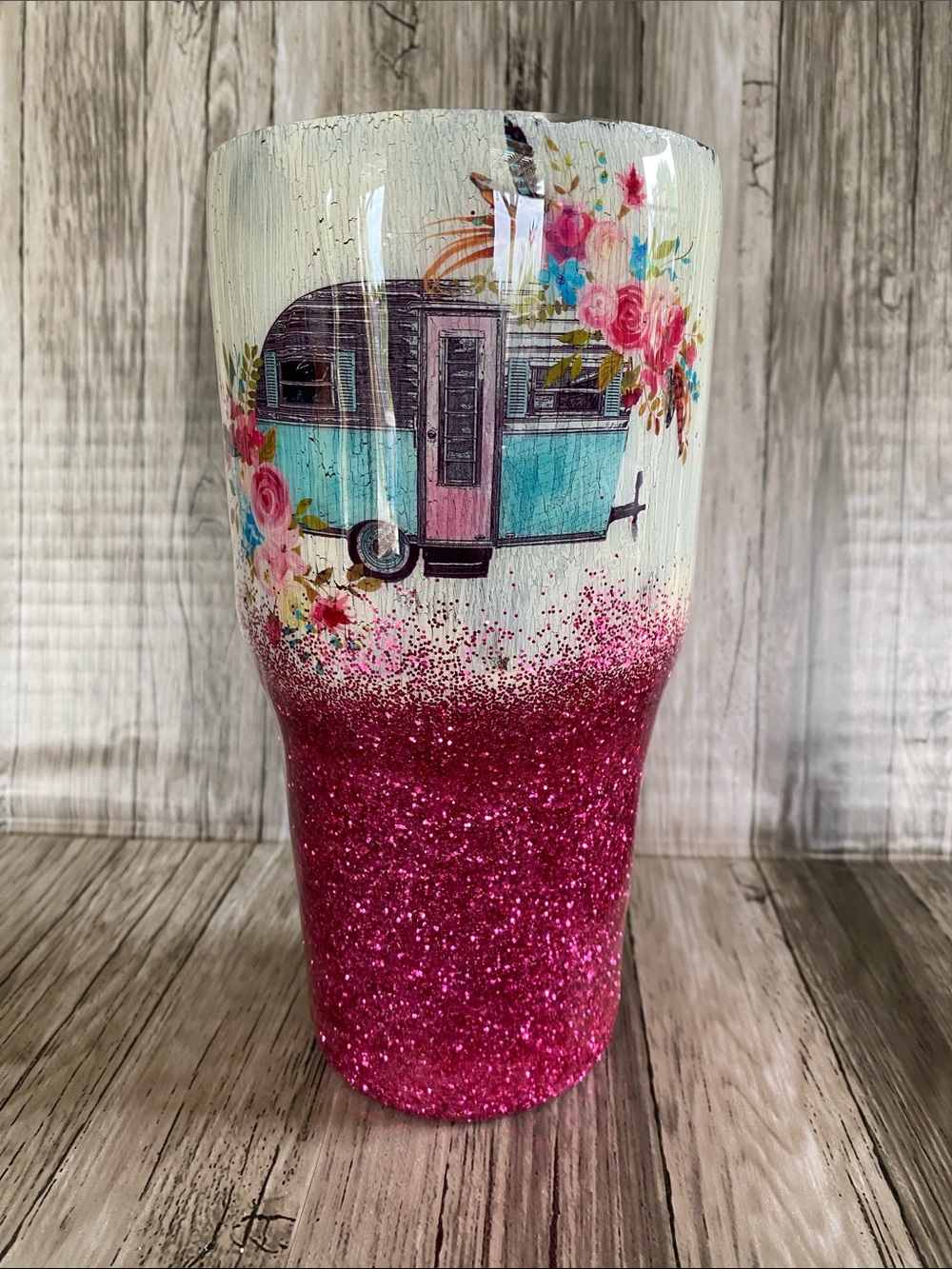 “HAPPY CAMPER” GLITTER STAINLESS STEEL TUMBLER